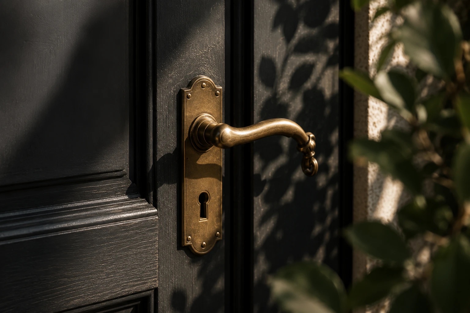 Brass door hardware on a navy door in morning light