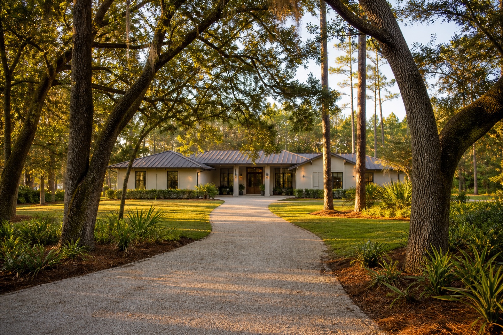 A Florida ranch home on a larger lot behind mature oaks at golden hour