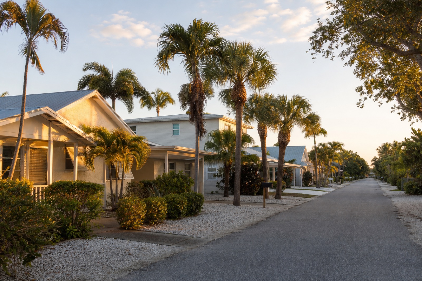 A residential street of concrete-block Florida homes under palms at golden hour