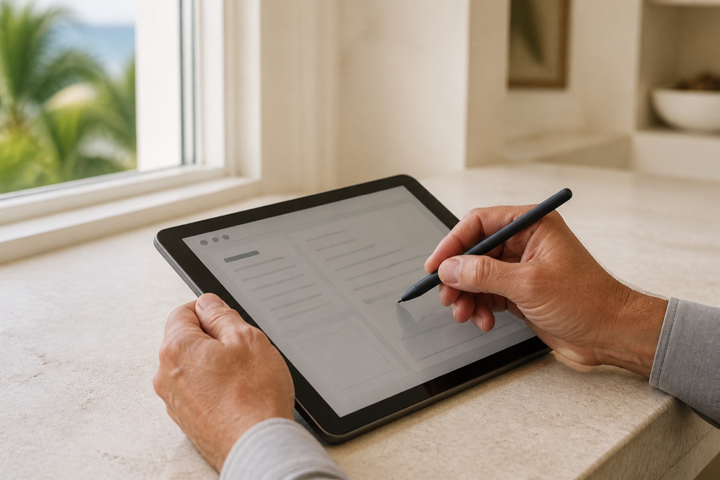 An inspection finding being documented on a tablet, hands only