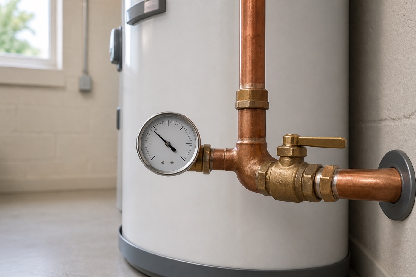 A water heater and its gauge, clean and orderly