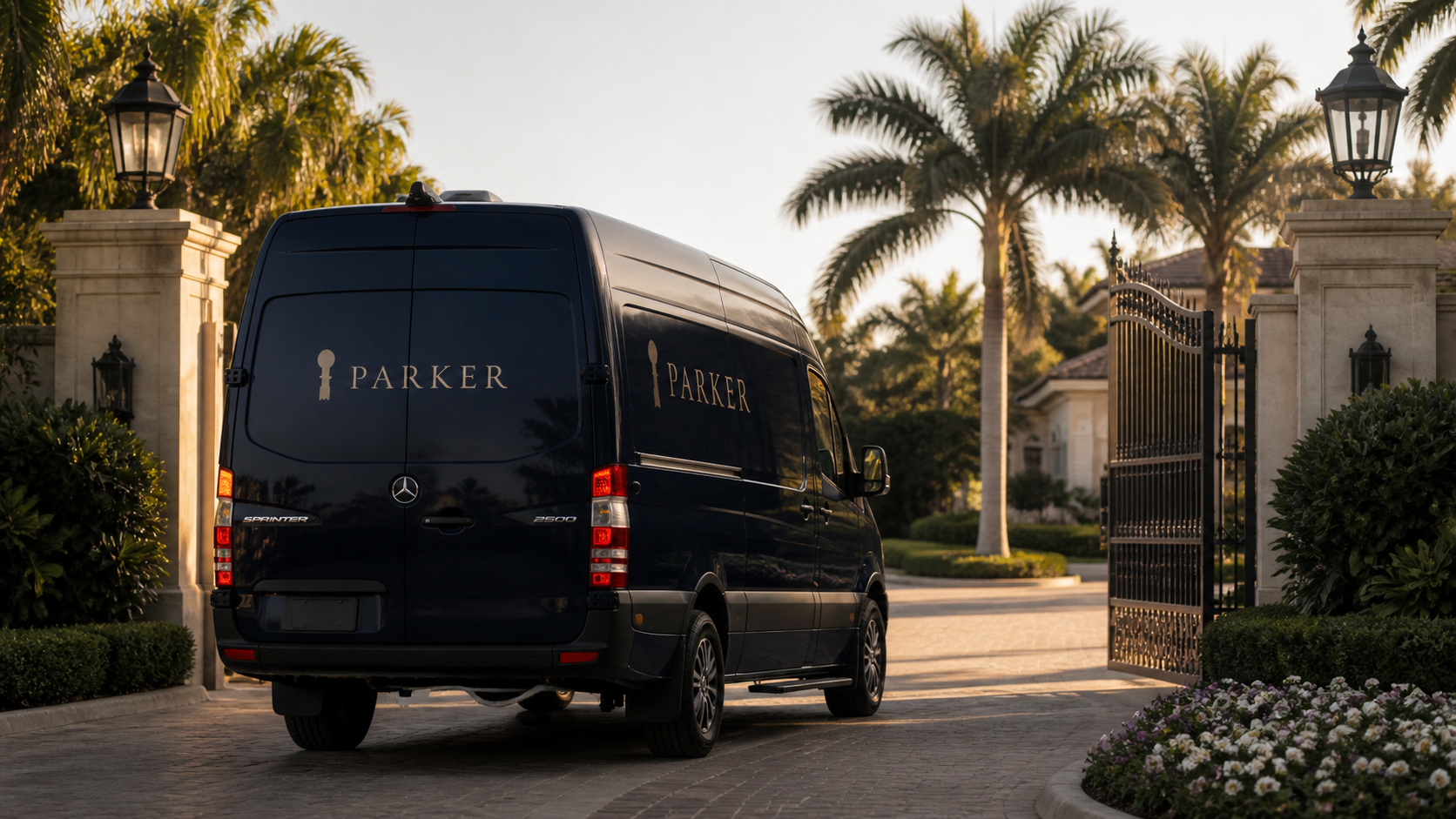 A Parker-branded van arriving at a private gated community