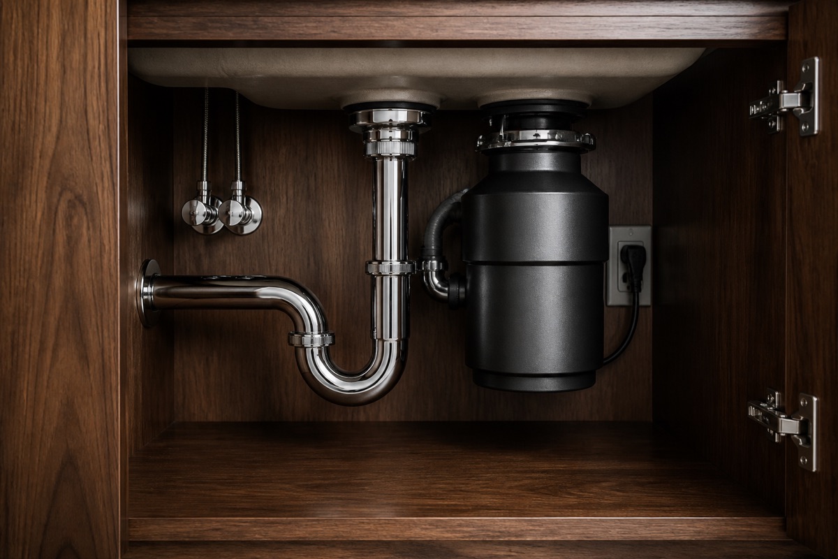 Under-sink plumbing, clean and orderly
