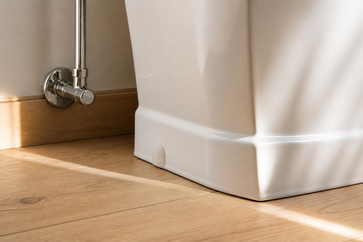 Clean porcelain and chrome at a toilet base