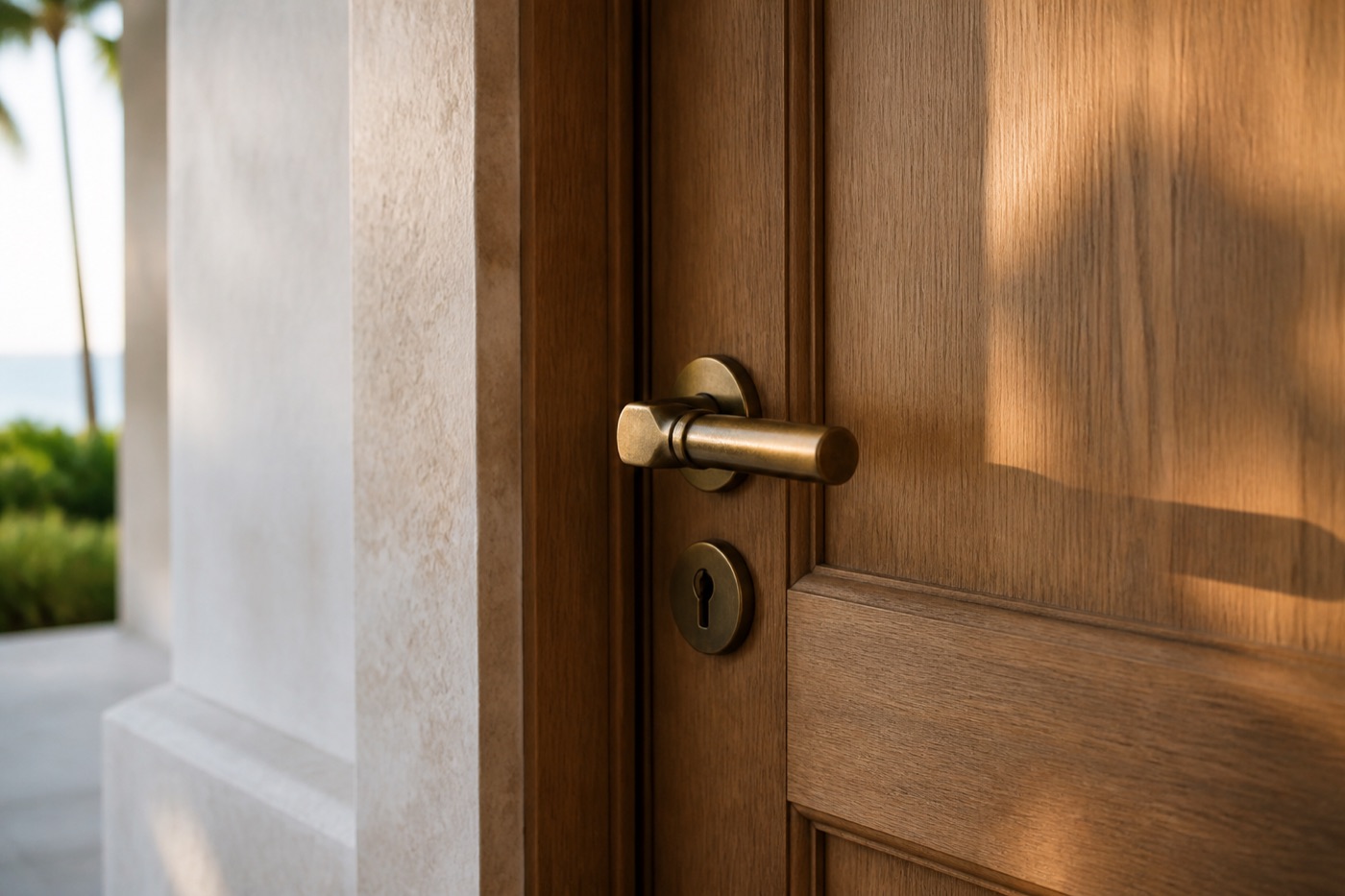 A front door with brass hardware in soft morning light