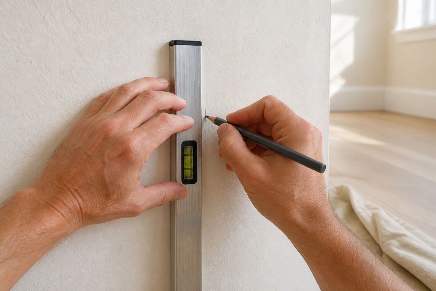 A level held against a wall while a measurement is marked