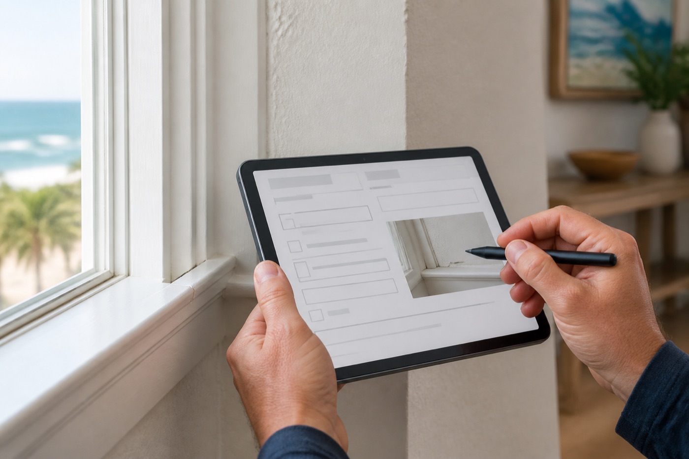 Visit notes being recorded on a tablet, hands only
